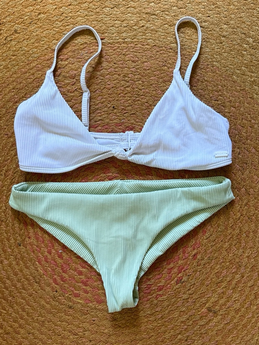 ROXY Ribbed Two-Piece Bikini Set in White and Light Green